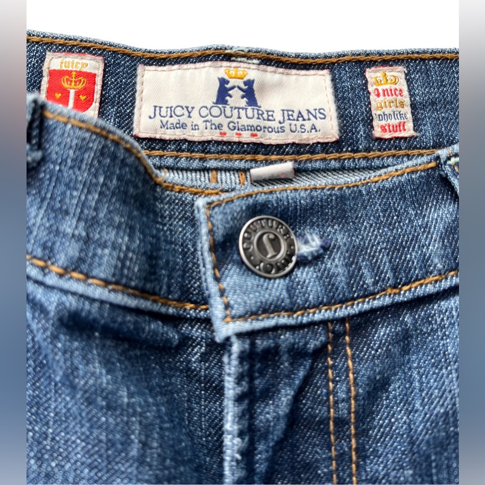 Juicy Couture Bermuda Capri Jeans Women Mid Rise Sz 30 Blue Dark Wash Distressed - Picture 3 of 6